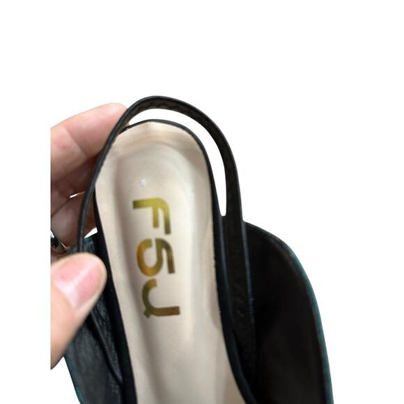 FSJ Green Satin Pointed Toe Low Heel Black Bow Slingback Pump Heels Size 7 - Picture 6 of 11
